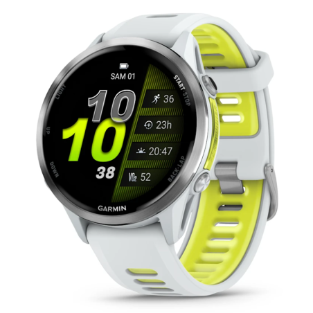 Garmin Forerunner 970 Titane Silver, Boîtier Blanc, Bracelet Blanc/Jaune Translucide